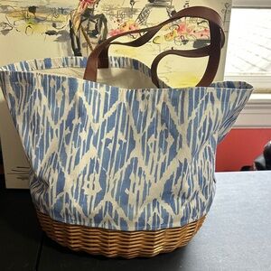 Picnic time wicker basket with utensils and glasses